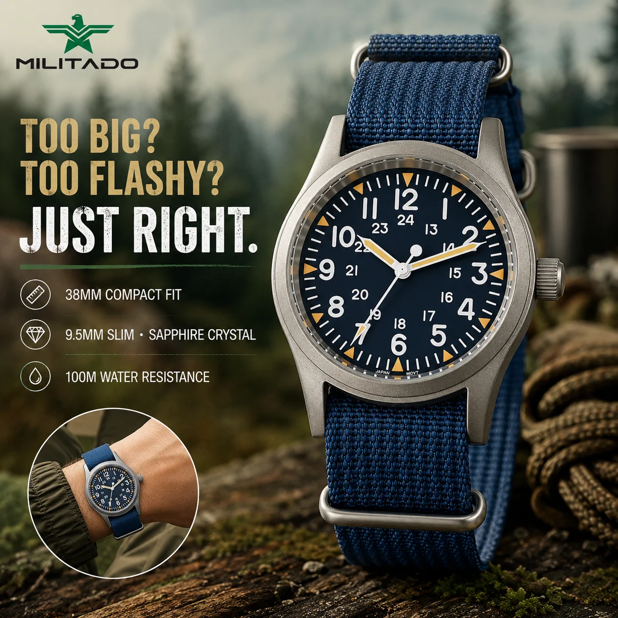 Militado ML05B Vintage Field Watch For Men Super 2035 Quartz Movement 38Mm 316L Sapphire C3 Luminous 100M Waterproof Wristwatch