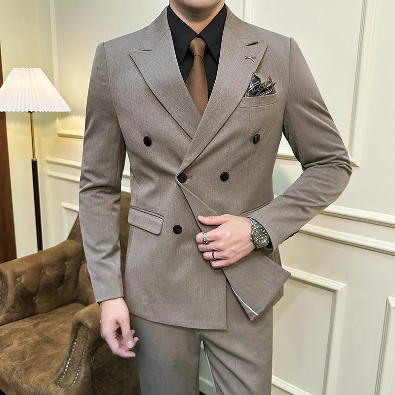 High-end double-breasted suit (suit + trousers) S-7XL Korean slim fashion handsome business solid color suit two-piece set