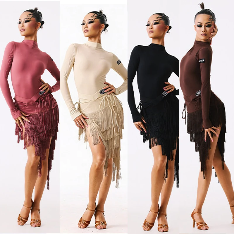 

Костюмы для соревнований по латинским танцам для взрослых, топ с длинными рукавами, юбки с бахромой, женский костюм для бальных танцев, SL14870