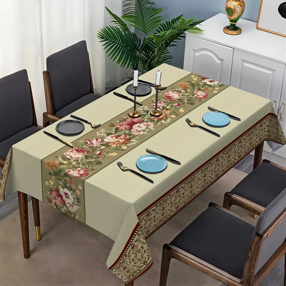 1pc Elegant Floral Pattern Square Tablecloth - Light green polyester fabric with red accents, suitable for all seasonsxzj