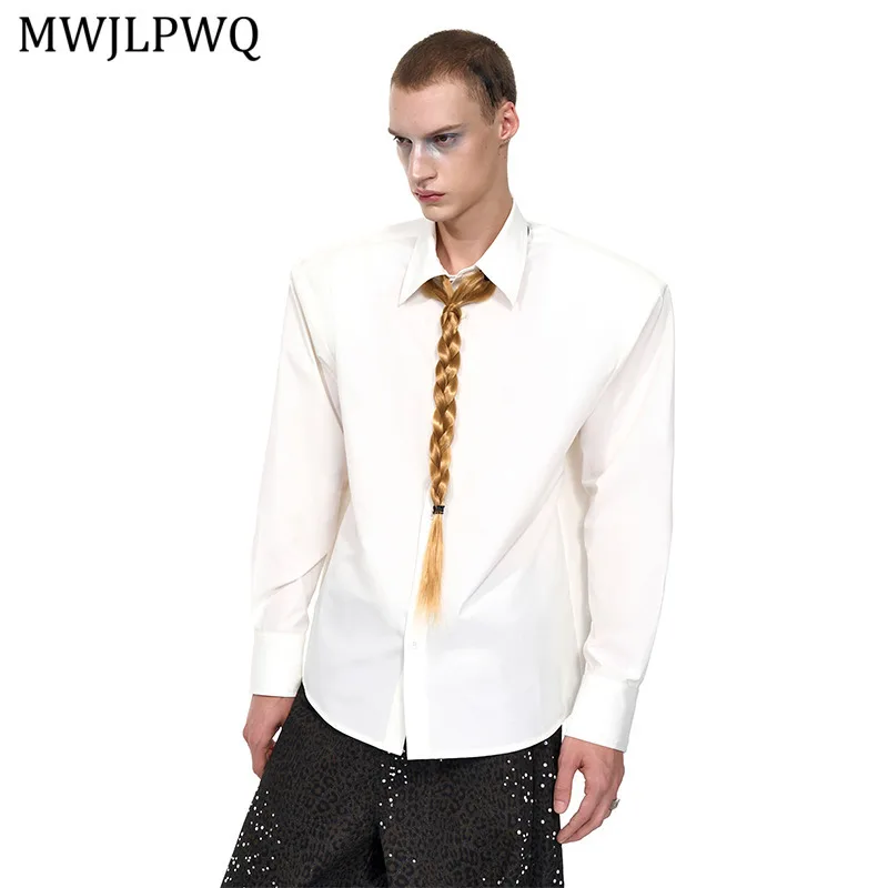 

MWJLPWQ White For Men High-End Autumn New Shirts Lapel Men's Solid Color Padded Shoulder Long Sleeve Casual Tops Trendy 11578