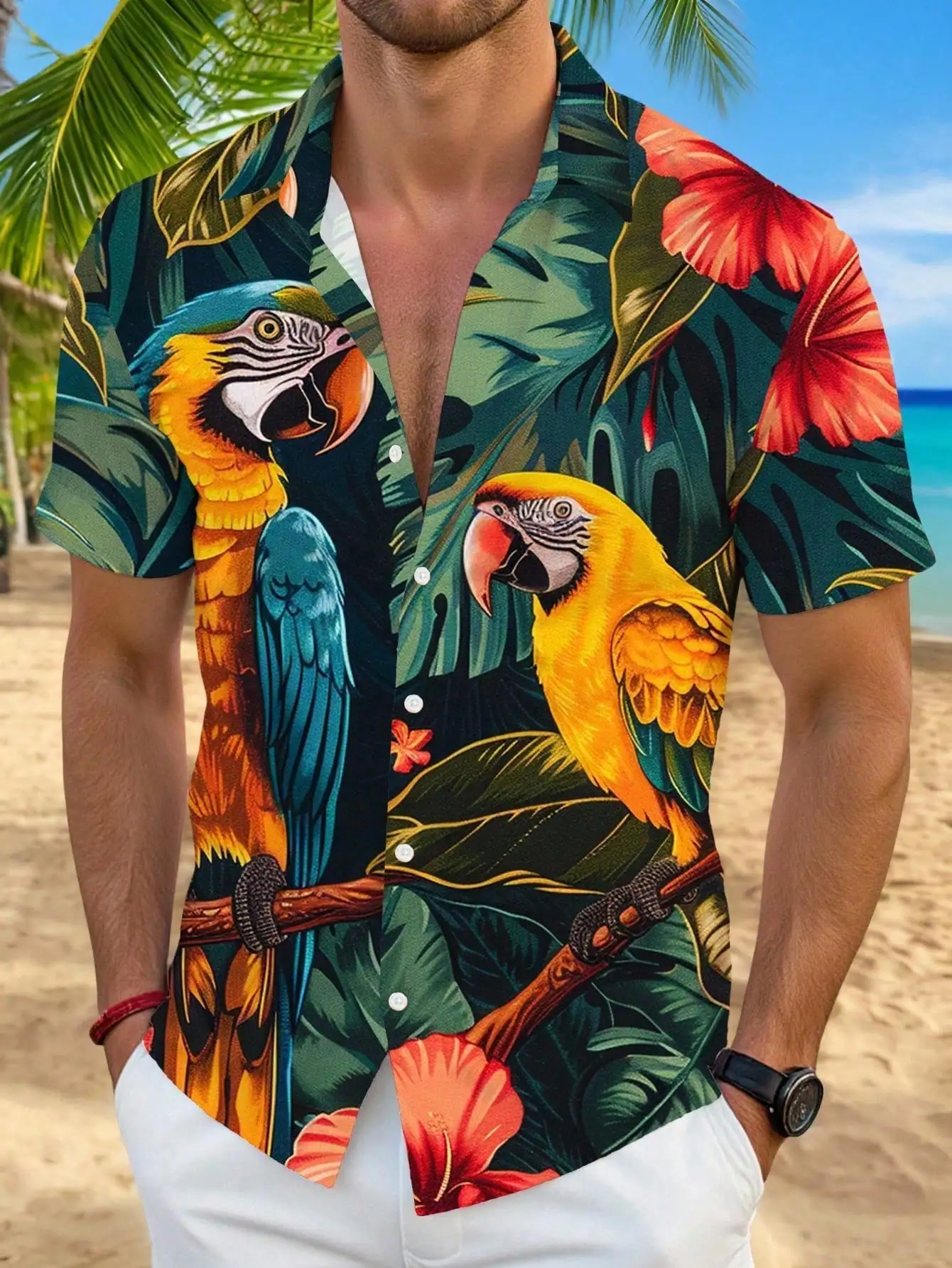 

Tropical Parrot & Hibiscus Print Short Sleeve Casual Shirt for Men