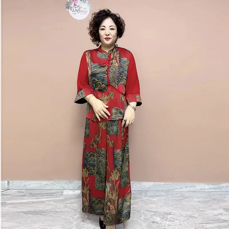 2025 New Wide Leg Trouser Set Middle and Elderly Loose Mom's Wear Your Lady's High end Fashion Ethnic Style women Two Piece Sets
