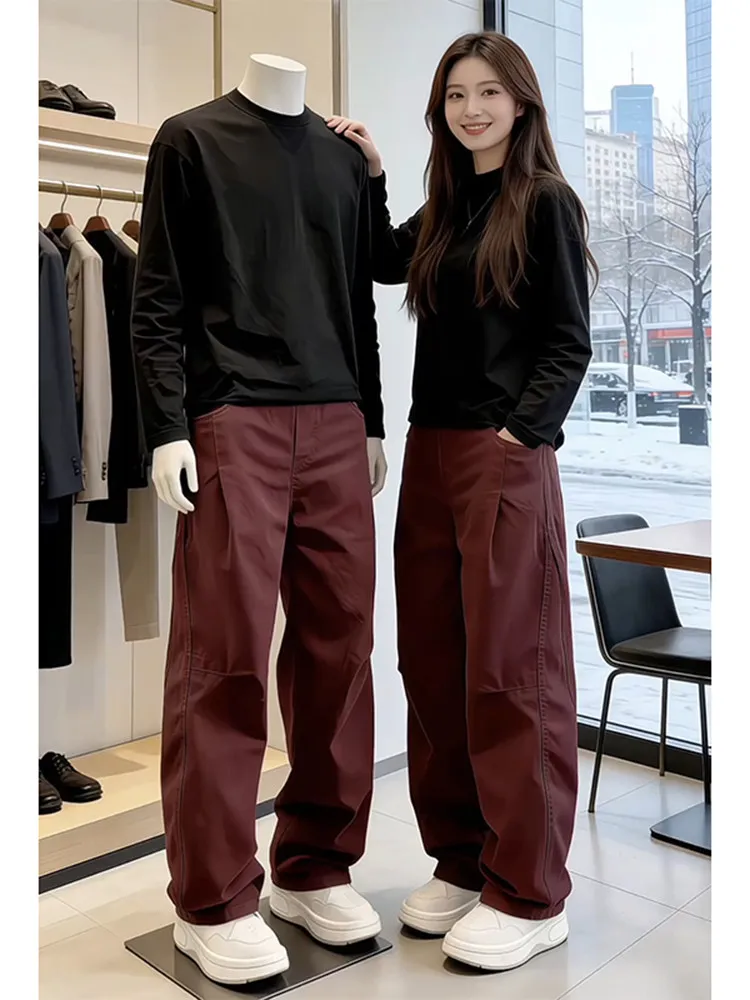 

Мужские повседневные брюки свободного кроя с высокой талией в американском стиле, осенне-весенние, винно-красные, с дизайном «складка-нож», прямые штанины