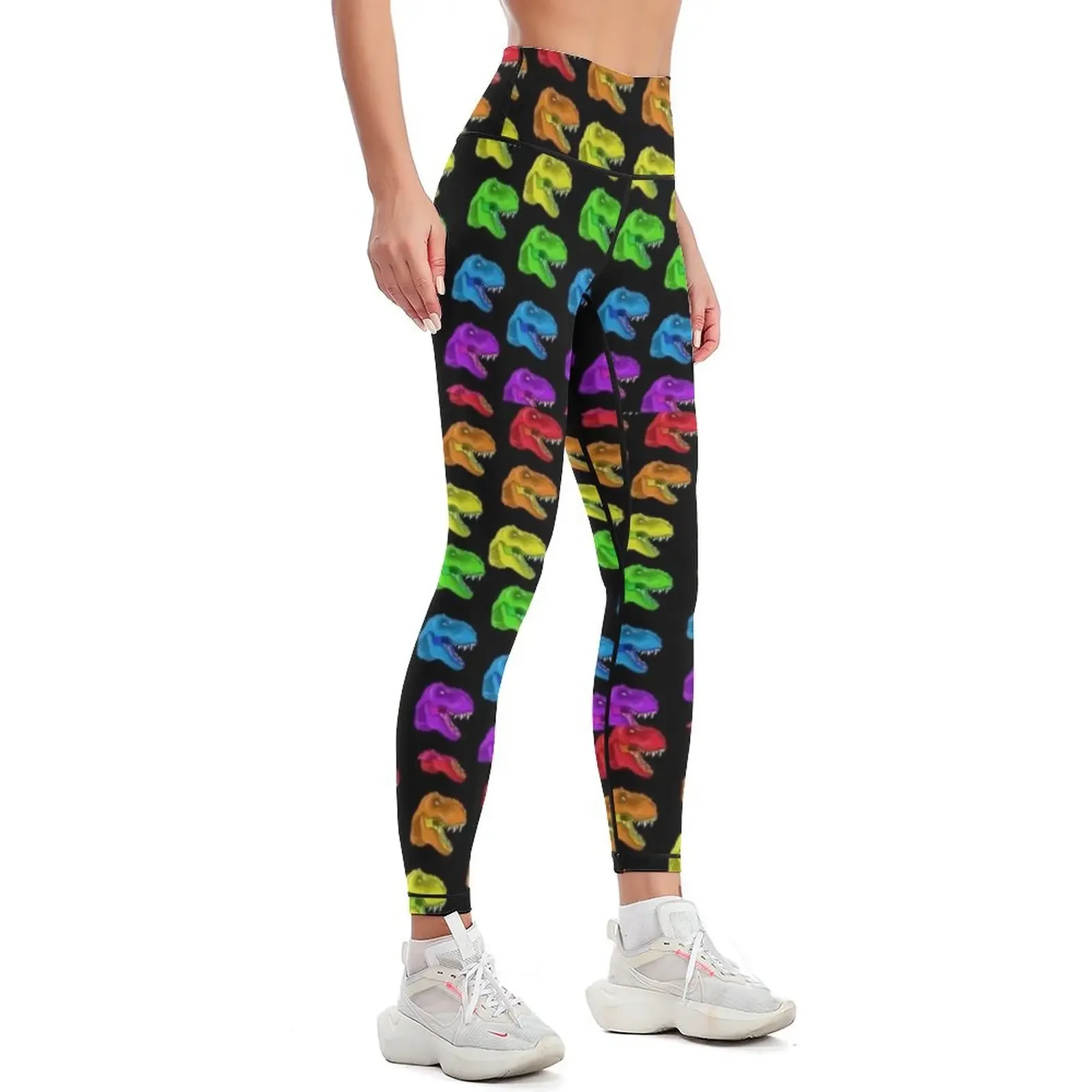 Rainbow T-Rex Pattern Black Leggings push up tights for push up fitness workout clothes for Womens Leggings