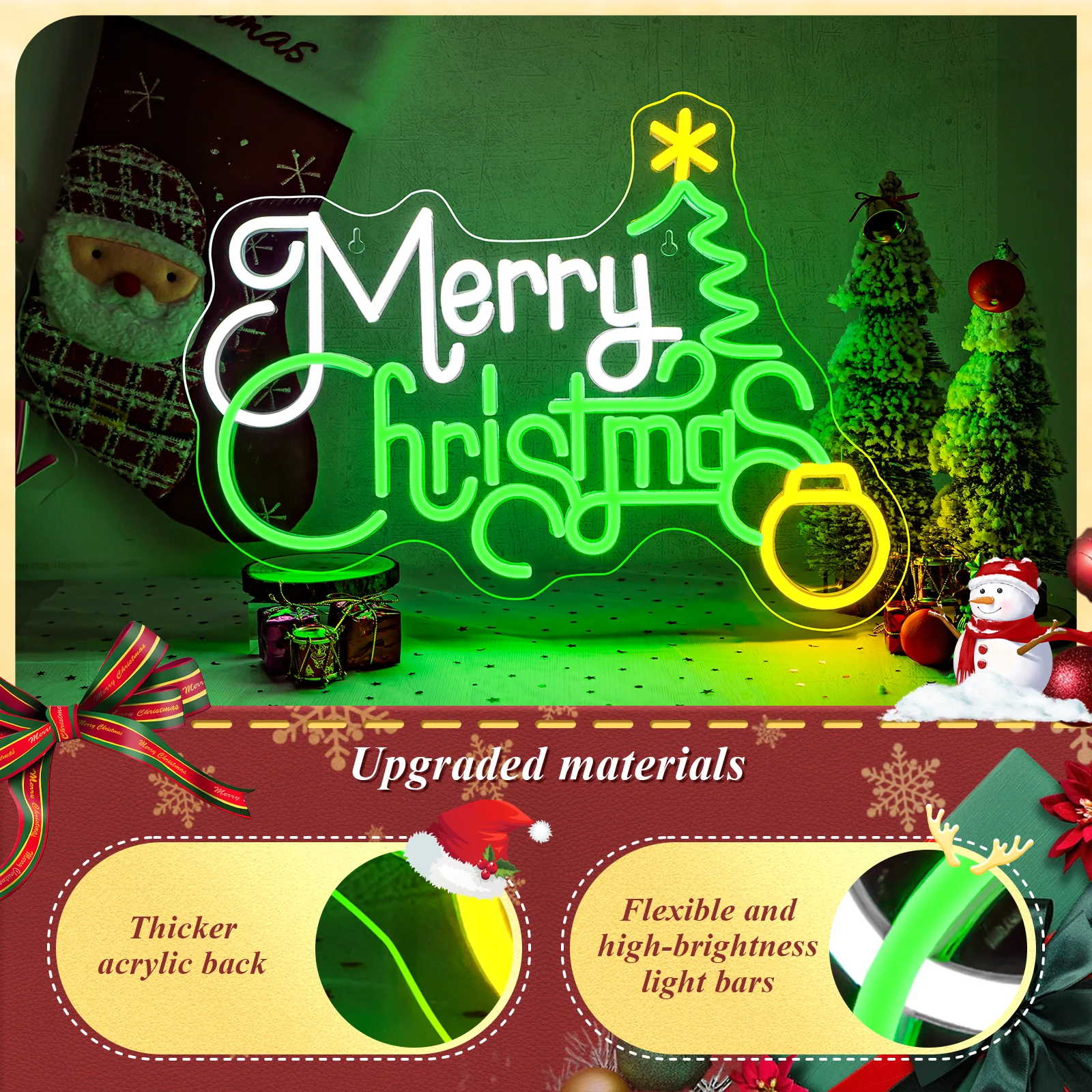 Merry Christmas Neon Sign with Christmas Tree USB Light Up Sign Wall Decor for Christmas Party Living Room Pub Bar Bedroom Home