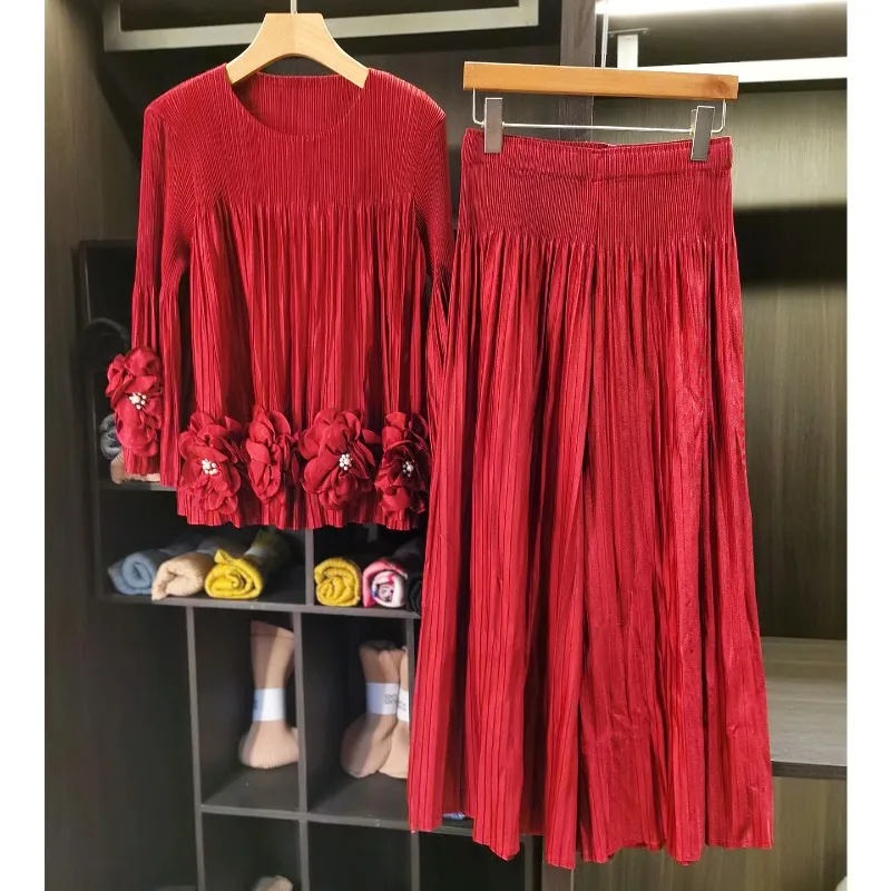 

Miyake 2026 New Pleated Top Flowers Pearl Elegant Long-sleeved T-shirt Stretch Large Size Wide Leg Pants Women's 2-piece Set