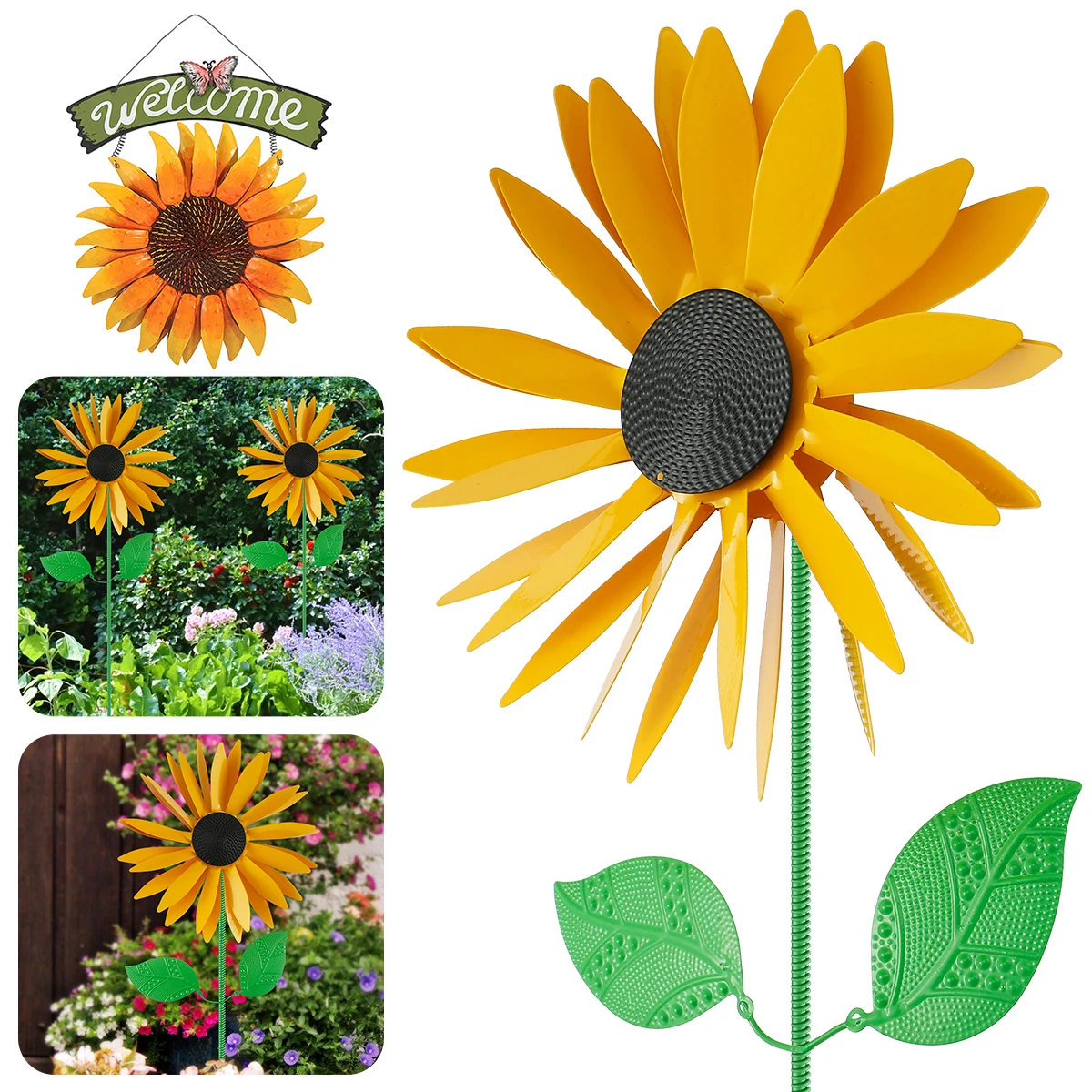 Sunflower Garden Decoration 3D Craft Metal Yard Wind Spinners Standing/Wall-mounted Flower Farm Art Sculpture for Garden Door