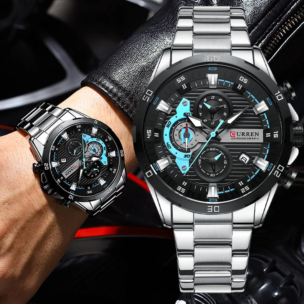 CURREN Men's Fashion Waterproof Sport Quartz Chronograph Wristwatch Luxury Stainless Steel Clock With Luminous Relogio Masculino