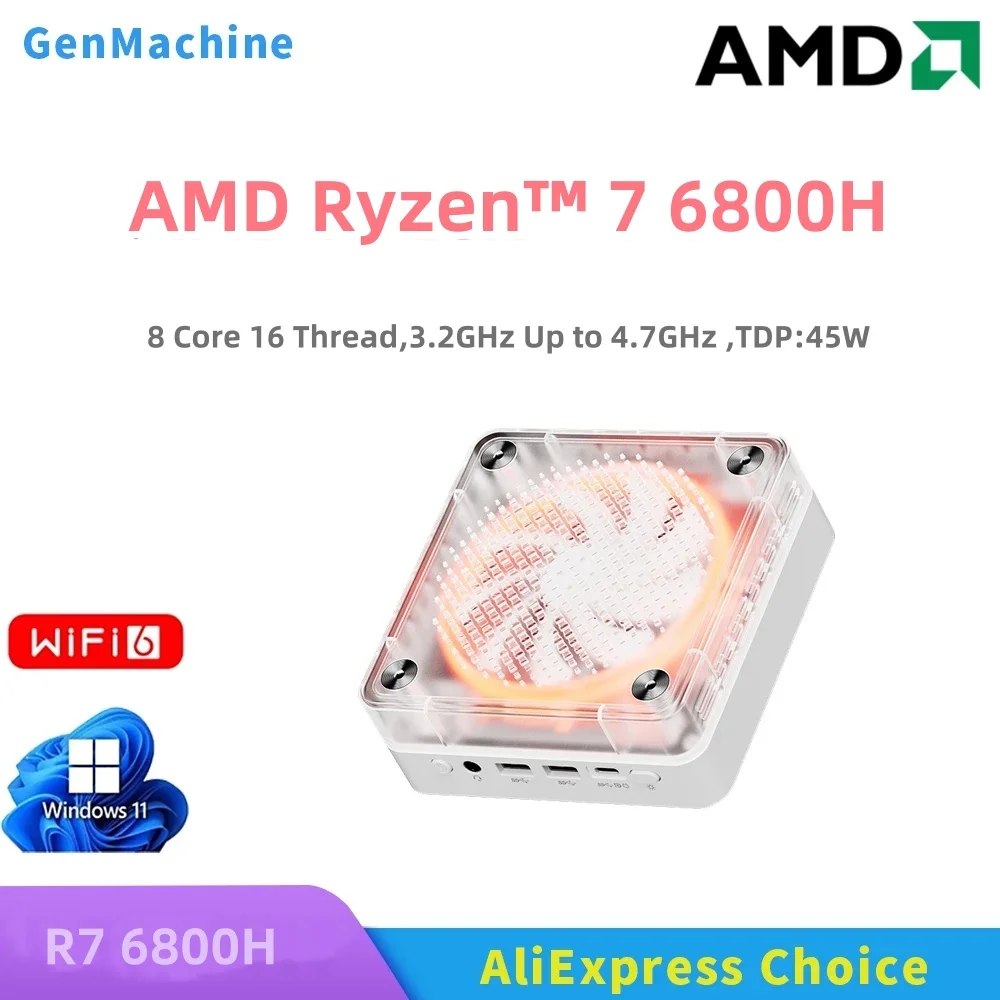 Genmachine AMD Ryzen ™   7 6800H Mini PC 8C 16T 3,2 GHz-4,7 GHz 45W Win 11 WiFi 6 PC para juegos DDR5 4800MHz pantalla ordenador soporte 4K