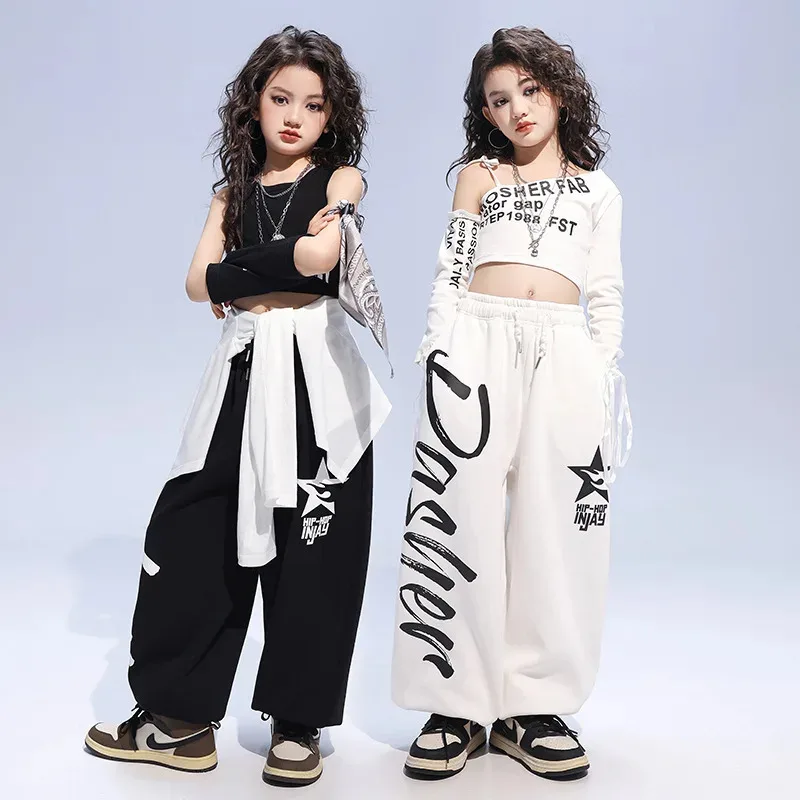 طفل الهيب هوب الملابس البيضاء واحد الكتف المحاصيل الأعلى تي شيرت أسود تانك عارضة عرق عداء ببطء السراويل للفتيات أزياء رقص الملابس