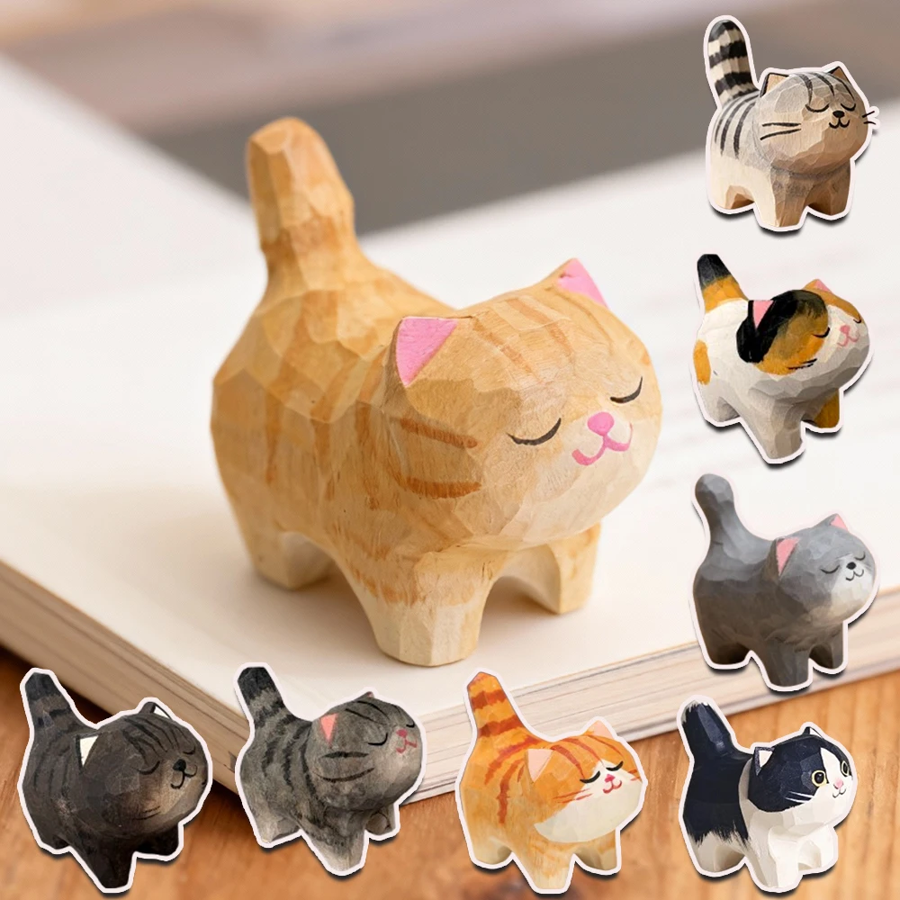 Cute Golden Gradient Cat Figurine Decorative Wooden Ornament Miniature Kitten Home Bedroom Office Desk Decoration Gift Statue