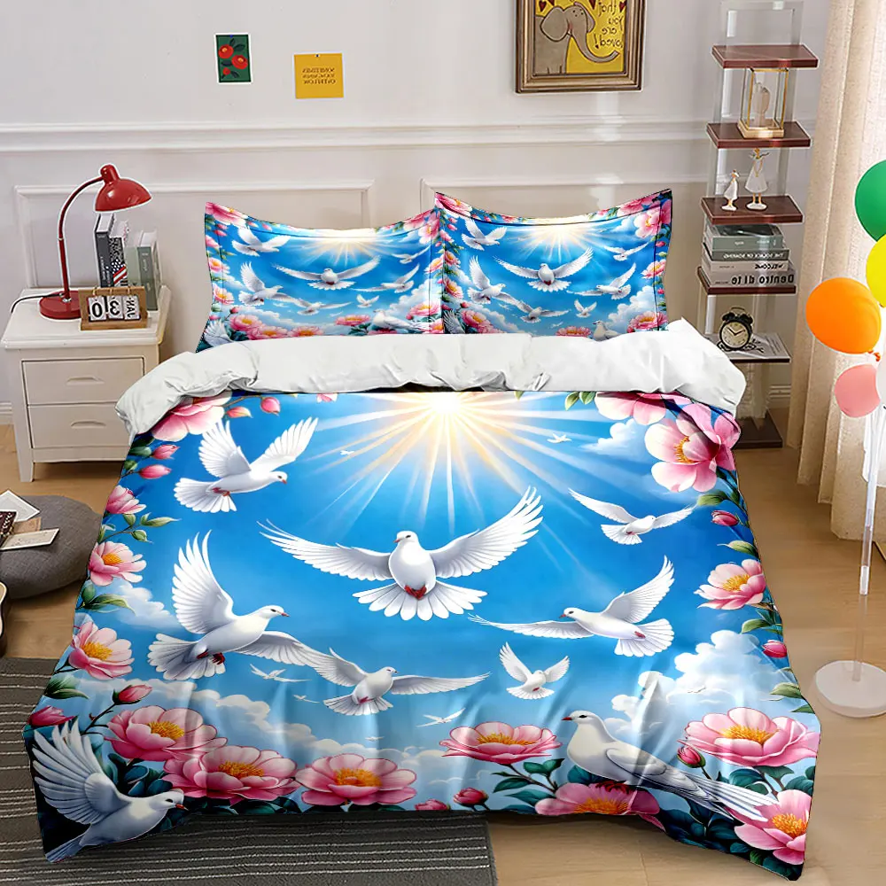 Peaceful doves in floral sky Print Soft Comfortable Duvet Cover Bedding Set Included 1*Duvet Cover 2*Pillowcases Luxury gifts