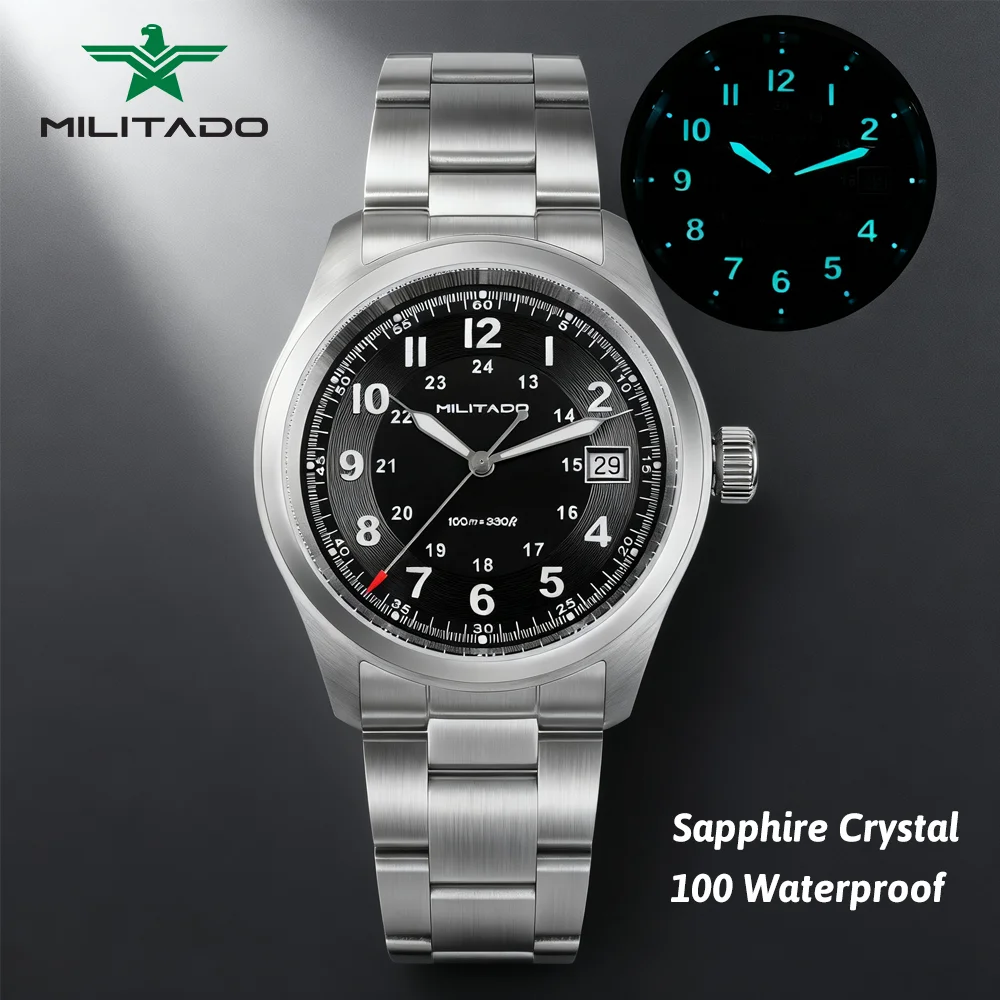 Militado ml08 relógio de quartzo vintage ronda 515 movimento ar espelho safira 38mm relógio de pulso data super luminoso relógios à prova dwaterproof água