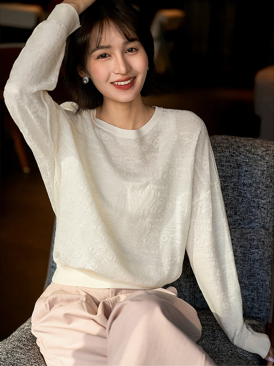 

Ele Heavy Embroidery Lace Knitted Top with Silk Soft Casual Long Sve round Ne Warm Regular Fit Faion for Women