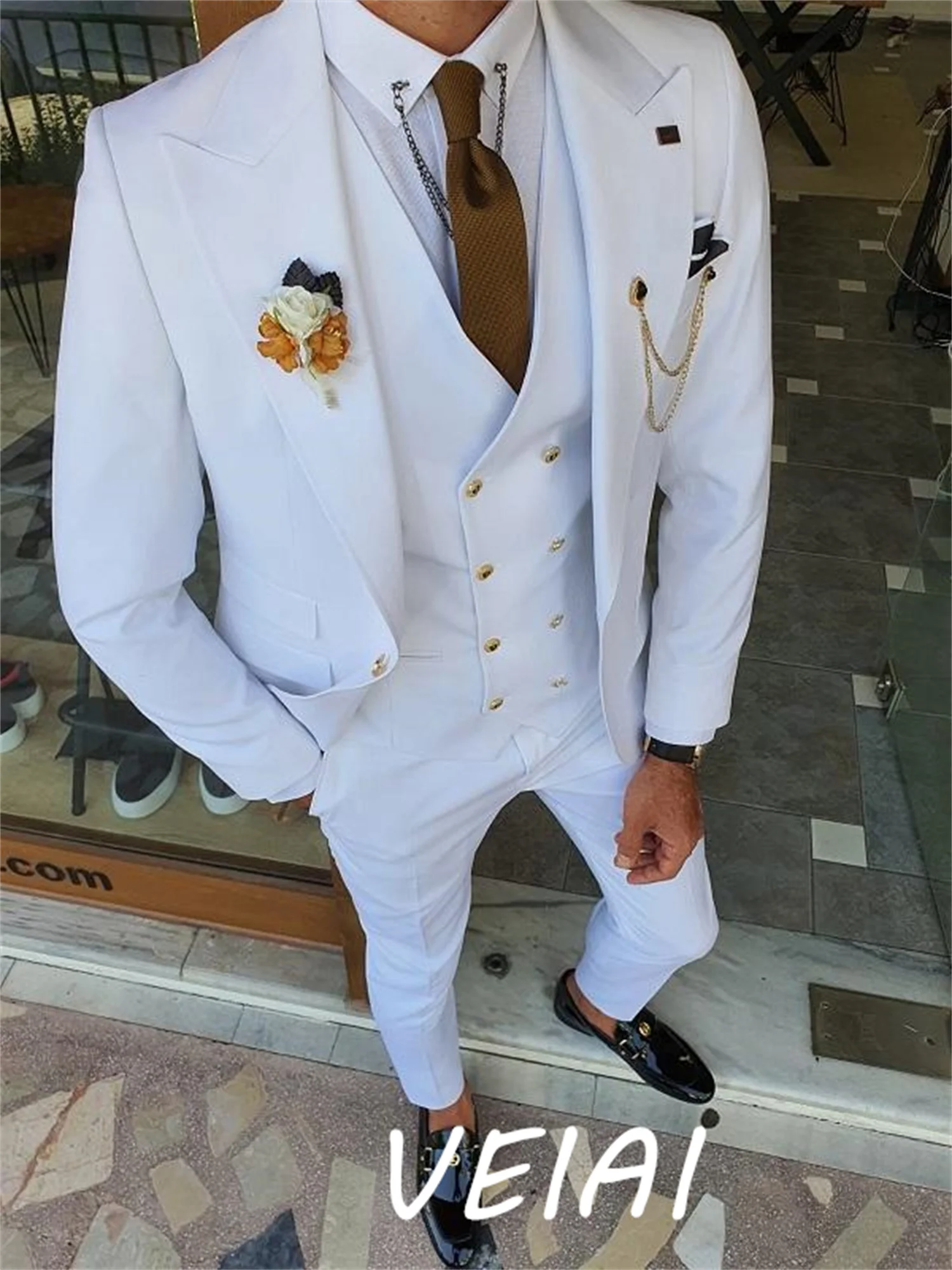 

CustomizedMade (Jacket+Pants+Vest) Handsome White 3 Piece Groom Tuxedos For Wedding Formal Prom Suit Party Evening Blazer