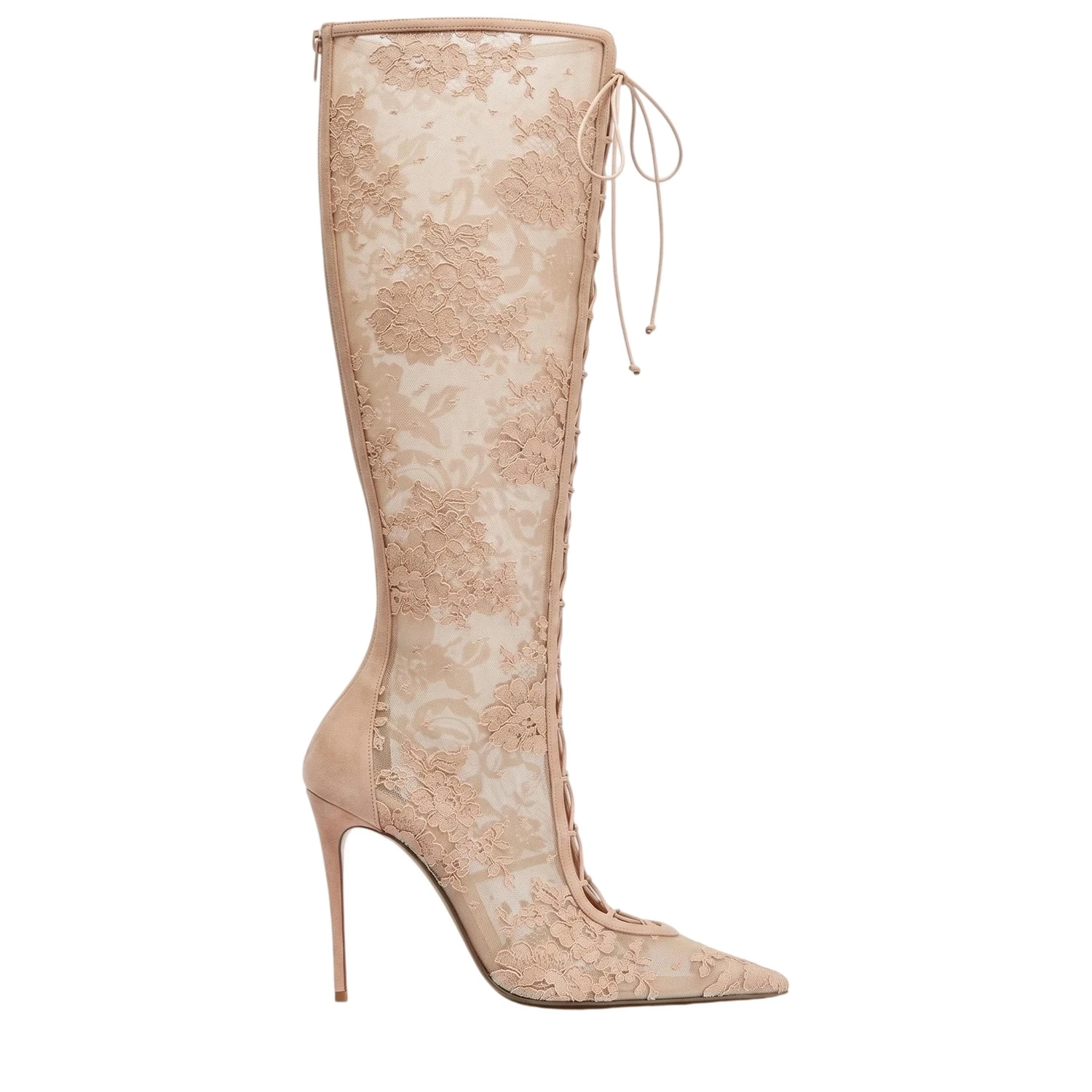 Red Lace Trim Mesh Knee High Boots Women Sexy See-through Floral Pointed Toe Lace Up Stiletto Tall Boots Party Dress Footwear