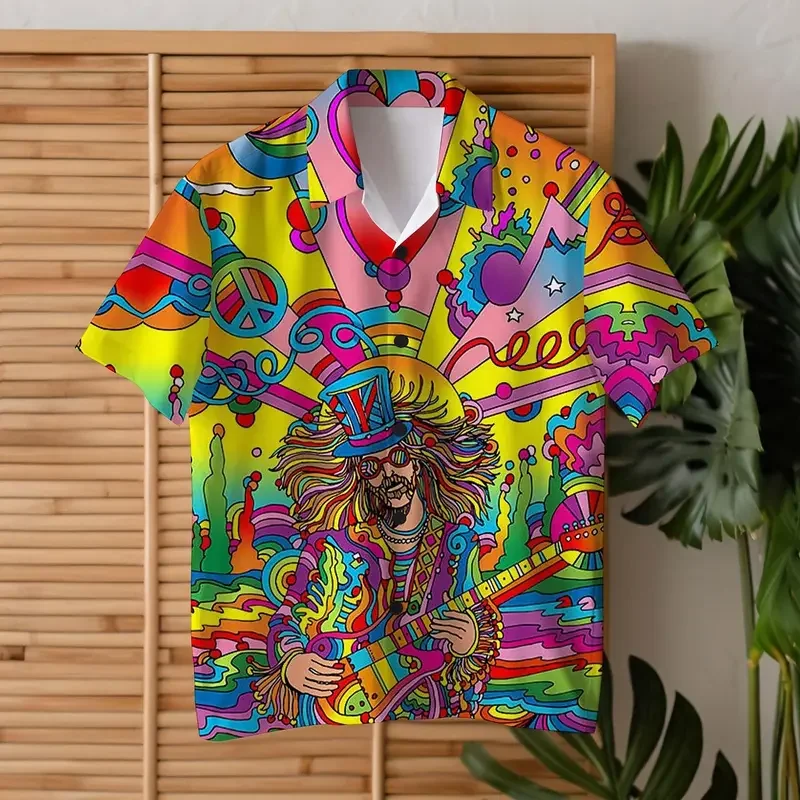 

Colorful Guitar Hippie Men'S Shirt Daily Wear Going Out Weekend Summer Cuban Collar Short Sleeves 4-Way Stretch Fabric Shirt