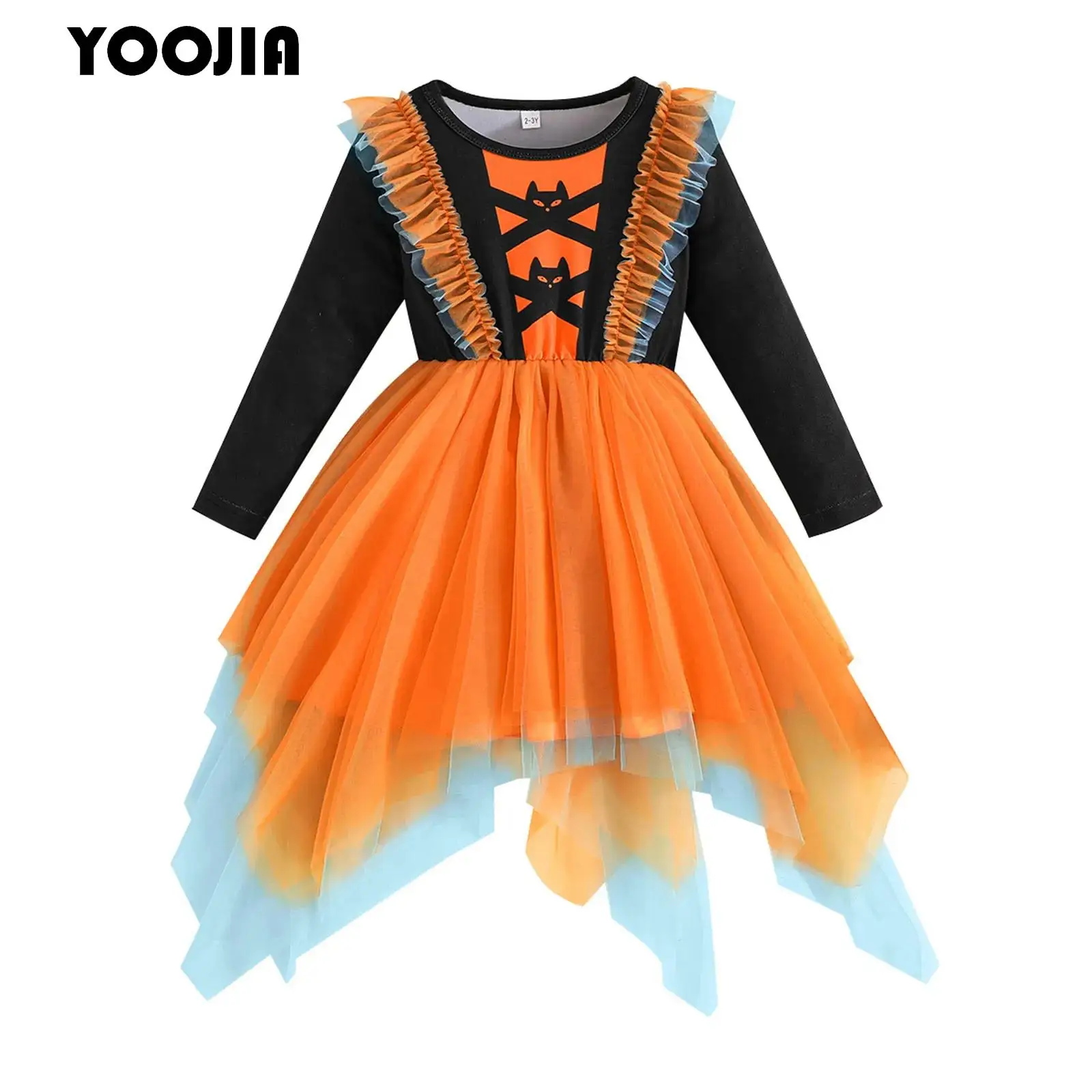 

Girls Halloween Pumpkin Costume Little Princess Pageant Dress Children Long Sleeve Mesh Ruffled Clothing Carnival Party Cosplay