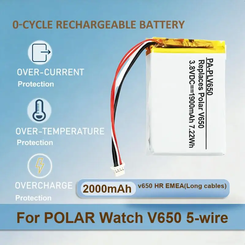 v650 HR EMEA(Long cables) Mobile Phone Battery For POLAR V650 5-wire Plug 2000mAh Real Capacity