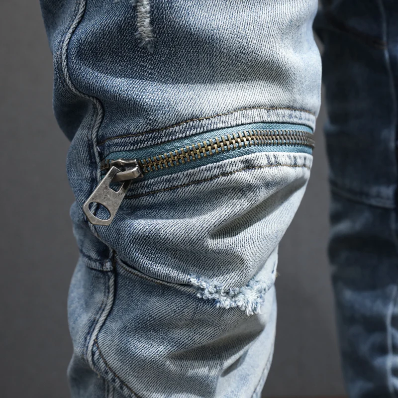 Light Blue Y2K Men's High Waist Jeans Multi-Pocket Zipper Detail Elastic Waist Washable Nostalgic Designer Style