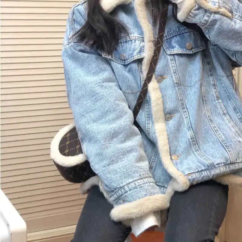 Faux Fur Denim Coats Women Casual Loose Coat Thick Warm Single Breasted Jackets Spring Turn Down Collar Jacket Autumn Winter