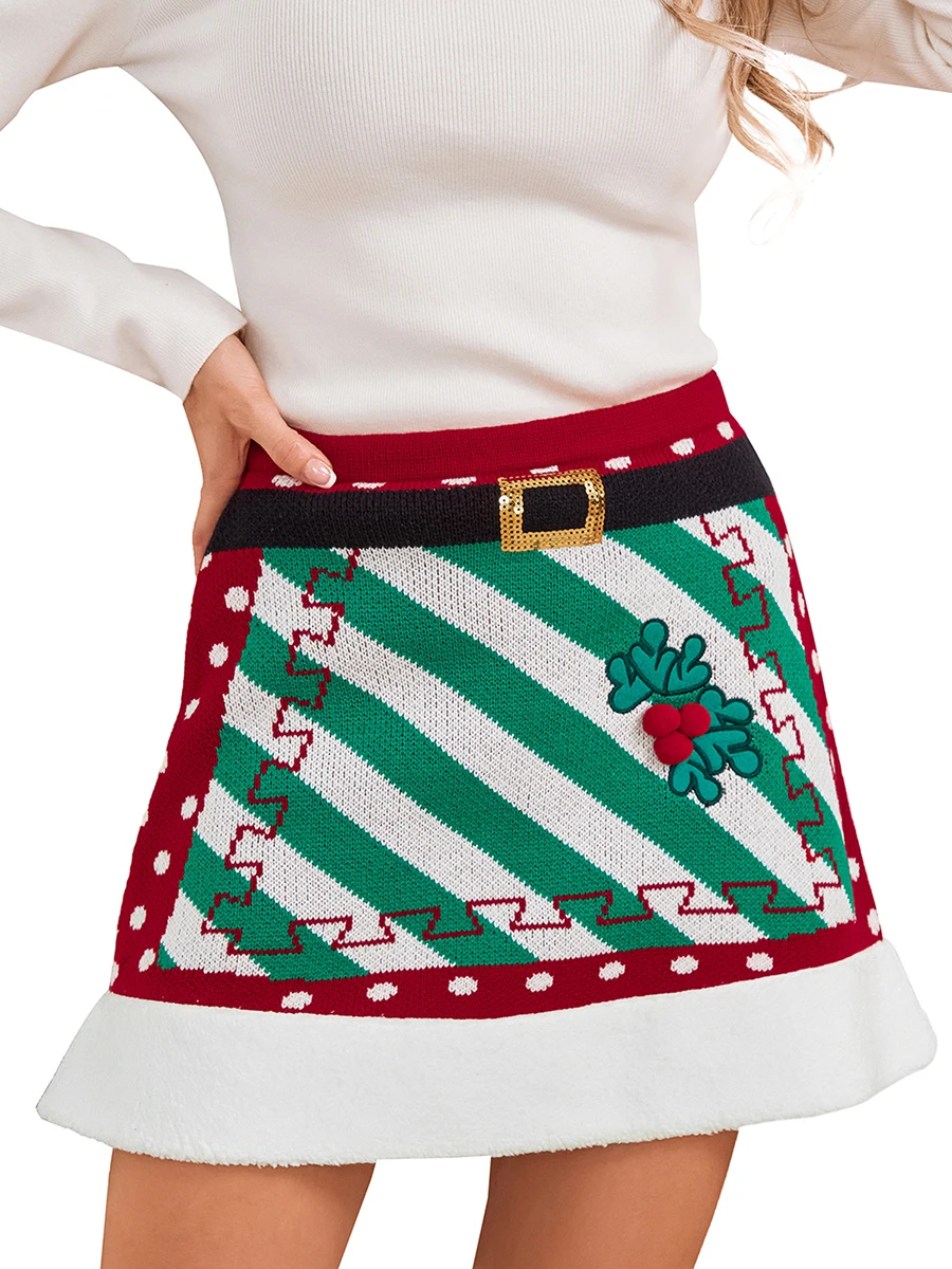 Women s Christmas Mini Skirts Belt Print High Waist Patchwork Knit A-line Skirts Fall Party Packaged Hip Skirts Streetwear