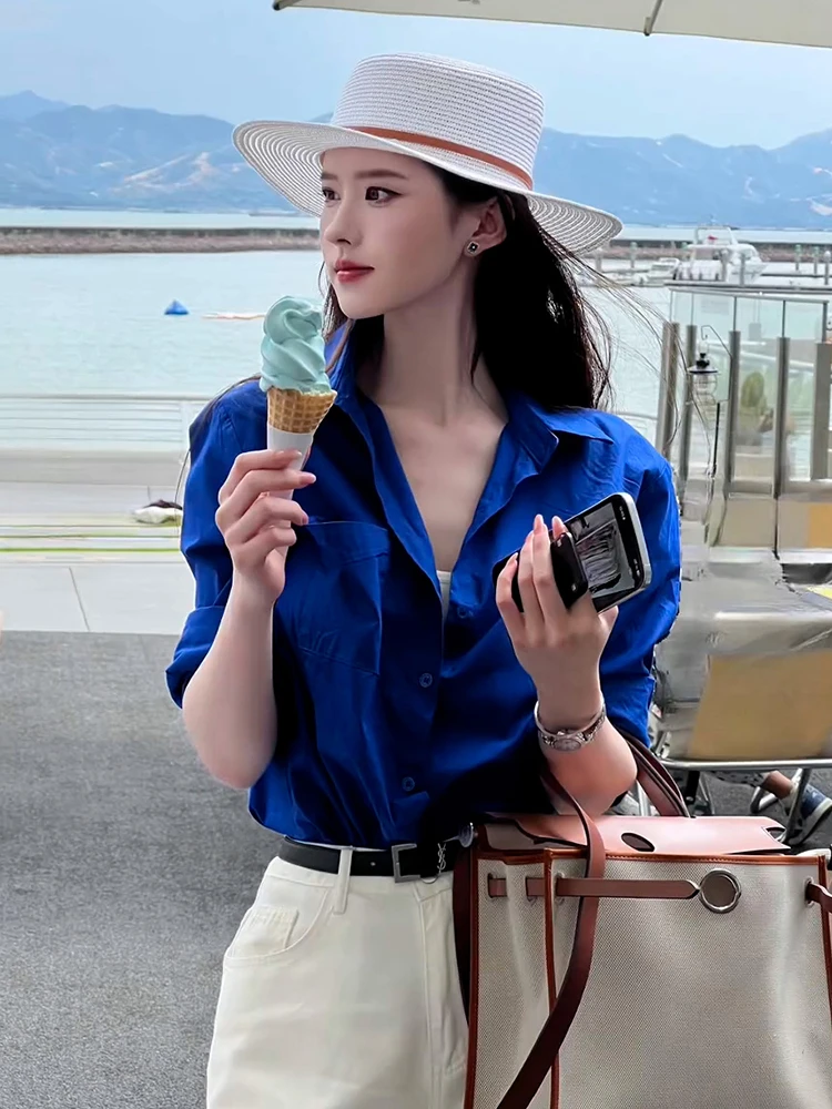 

Женская блузка Klein Blue с длинным рукавом, весна-осень, новая коллекция, свободный крой, с пуговицами, из полиэстера и хлопка