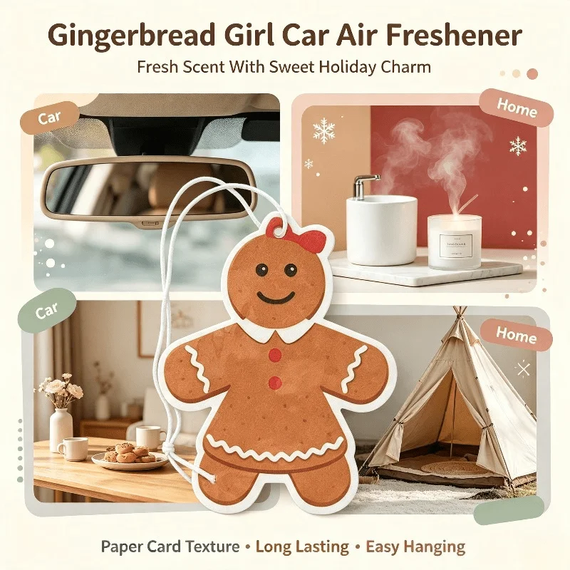 Car Air Freshener Cute Gingerbread Girl Holiday Hanging Scent Card for Car Rearview Mirror Decor Ornament Gift
