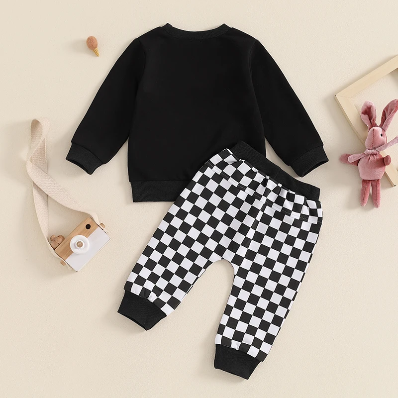 Tenue élastique à manches longues et col rond pour bébé garçon, imprimé lapin en damier mignon, vêtements pour tout-petits, pull et pantalon avec poche, 2 pièces