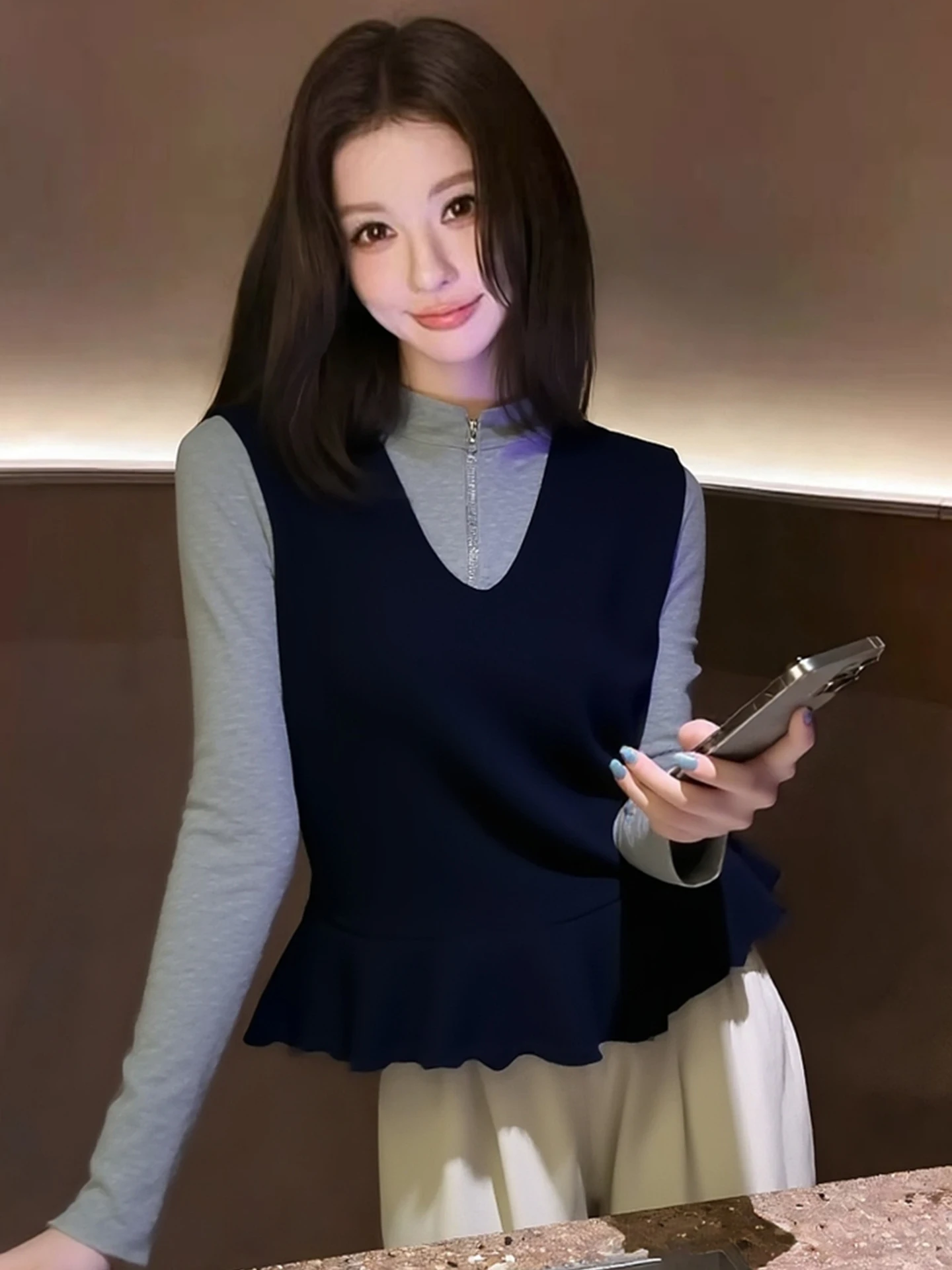 

Женский облегающий вязаный жилет, весна-лето, круглый топ без рукавов, многослойный корейский бренд Poetic Lin