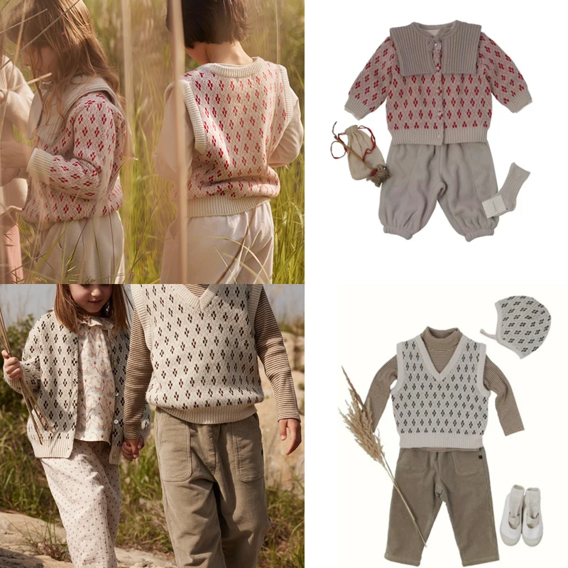 

Bebe Brand 2023 New Winter Autumn Kids Sweaters for Girls Boys Cute Print Knit Cardigan Vest Baby Toddler Cotton Outwear Clothin