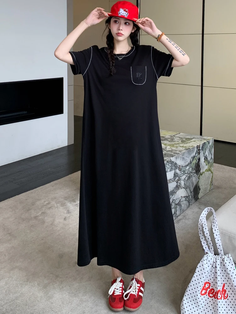 NYFS 女性のサマードレスルーズプラスサイズファッション半袖小さなポケット Tシャツロングドレスローブエテファムエルビス 2025 新しい