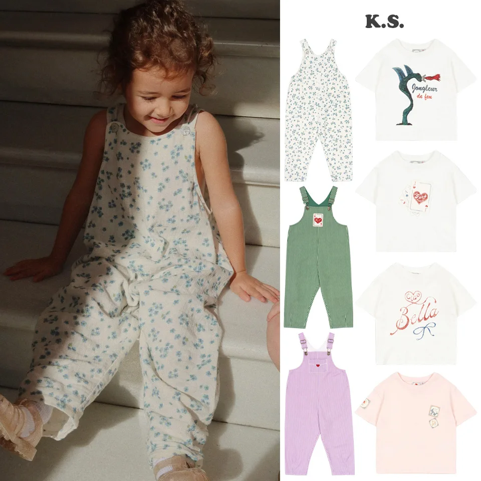 

2026 KS Summer Baby Boys Cotton Poker T-shirts Striped Overalls Suits Kids Clothes Girls Cartoon Printed T Shirts Tops Sets 1-9Y