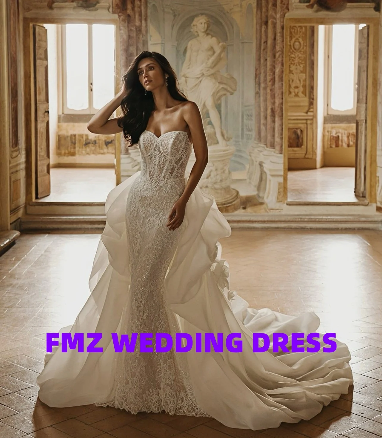 فستان زفاف مخصص بياقة حلوة بدون أكمام حورية البحر ذيل قابل للانفصال أماندا نوفيس فيستدوس دي نوفيا أماندا نوفيا