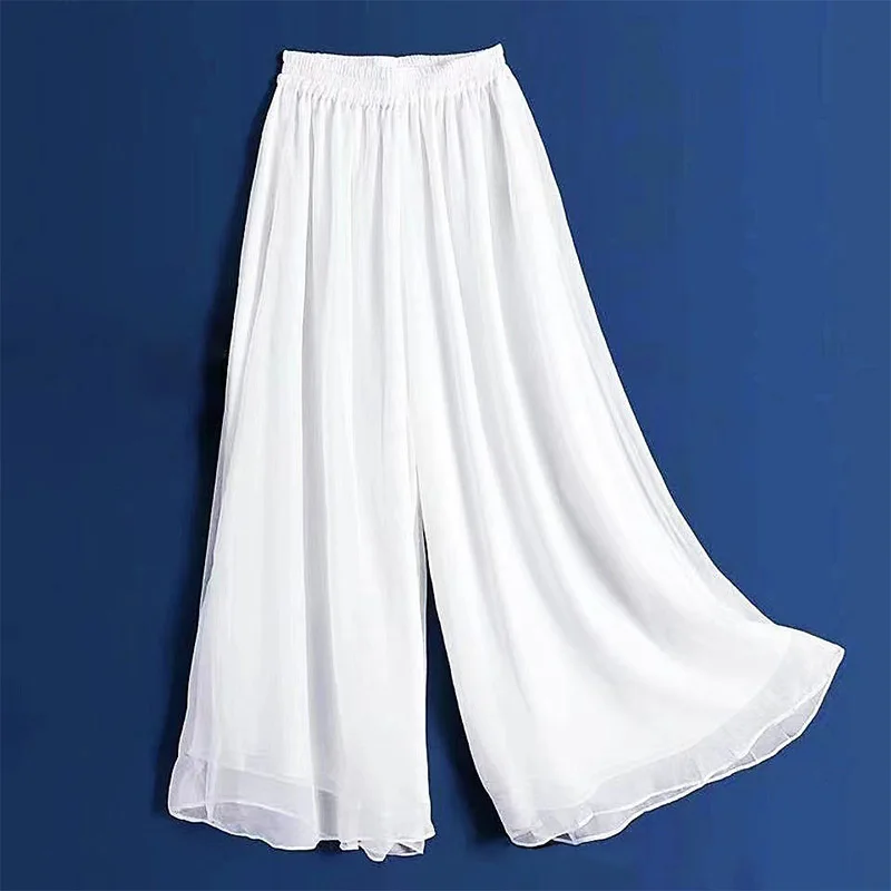 

1pc Chiffon Wide Leg Pants Polyester Straight Losse Pants with Elastic Band Elegant High Waist Female Solid Loose Swing Trousers