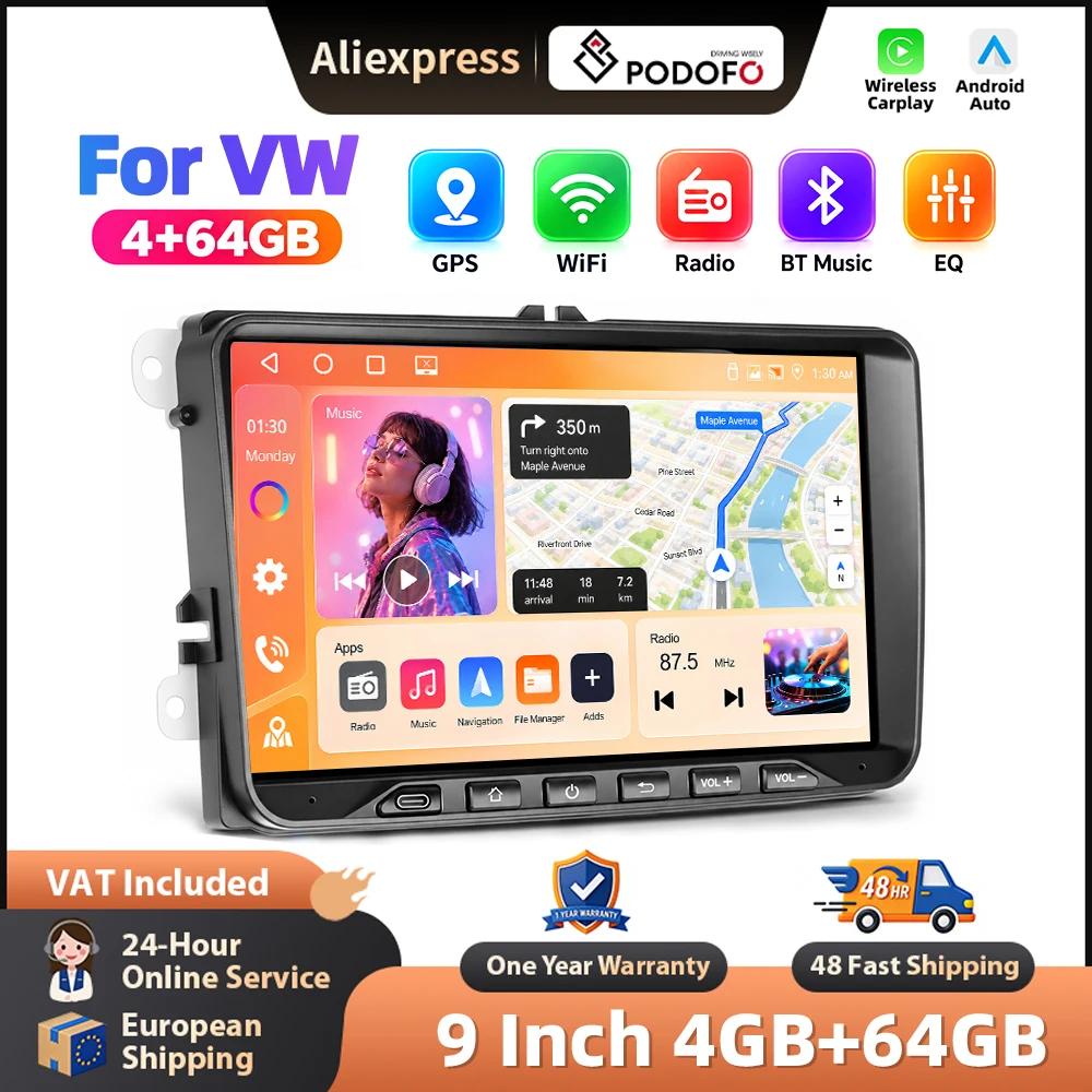 Podofo 9-Zoll-Funk-Carplay-Android-Auto-Radio für VW Passat Golf MK5 MK6 Jetta T5 EOSn, intelligentes Fahrzeugsystem, GPS-Navigation, BT, FM/RDS, 2-DIN-Autoradio, Plug&Play-Hauptgerät, SWC,
