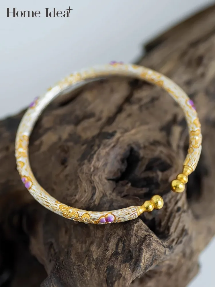 Fashion Women Enamel Printed 999 Sterling Silver Bracelet Open Adjustable Cuff Bracelet Vintage Fine Jewelry Birthday Gift