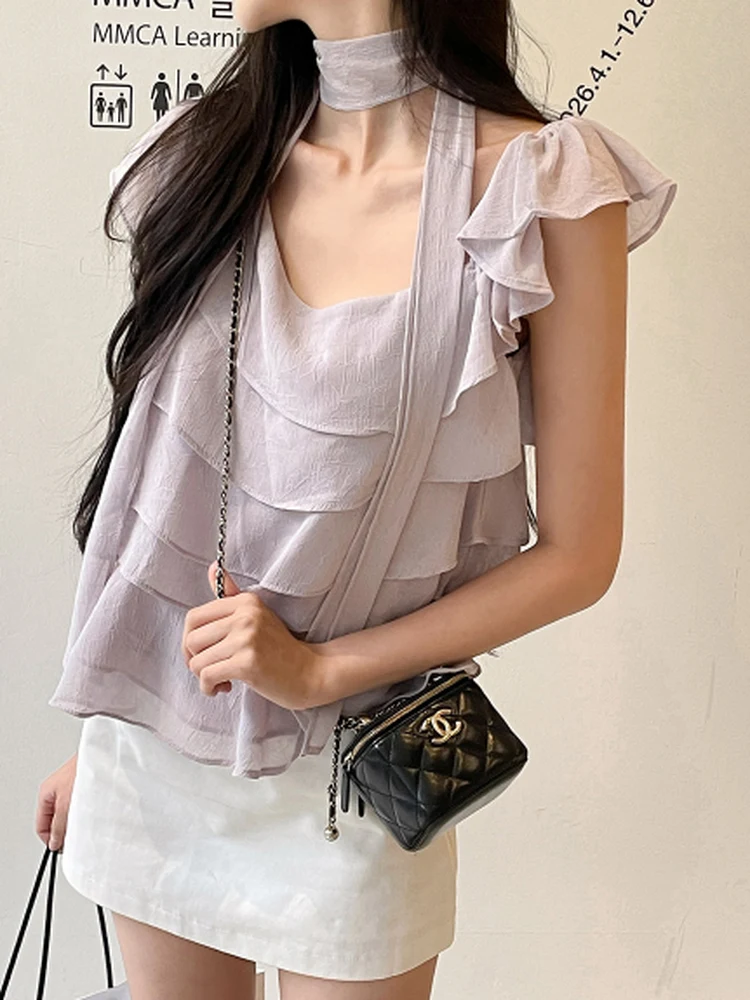

Gentle Shoulder Bared Shirt Women's Summer Anti Aging Lace Layered Design Sash Short Sleeve Top Asymmetrical Neckline