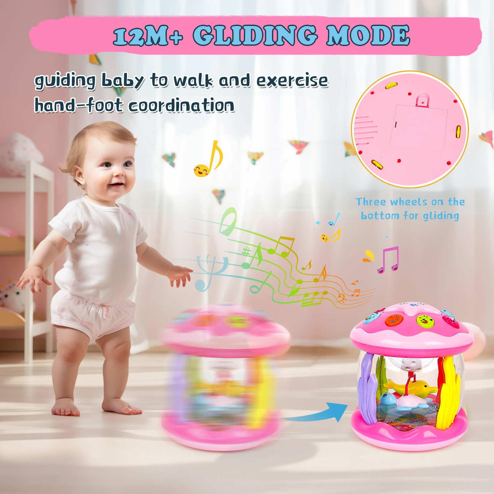 Tambor giratório oceano projetor com melodias para criança, brinquedos educativos de aprendizagem, brinquedos musicais light up para bebê, 6 a 12 meses