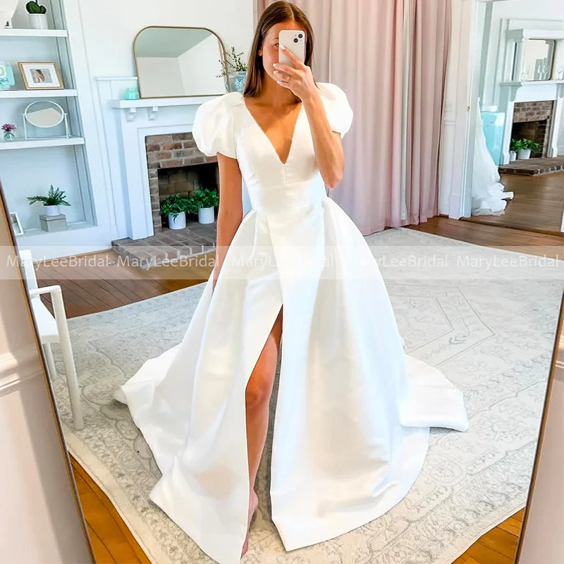 Short Puff Sleeves Bridal Dress V-neck Front High Slit vestidos A-line White Ivory Satin Wedding Gown Customized robe de mariée