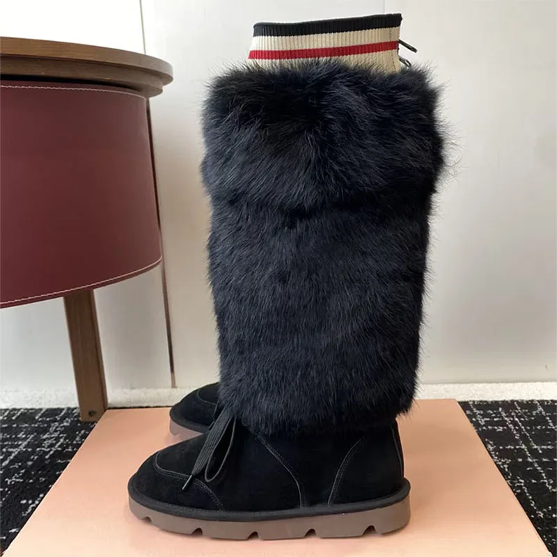 נעלי שלג מפוארות לאישה עם קצה עגול, נעלי חורף עם רצועת קשירה, נעלי עור סוודה ארוכות, נעלי ברך מינק מפוארות לנשים