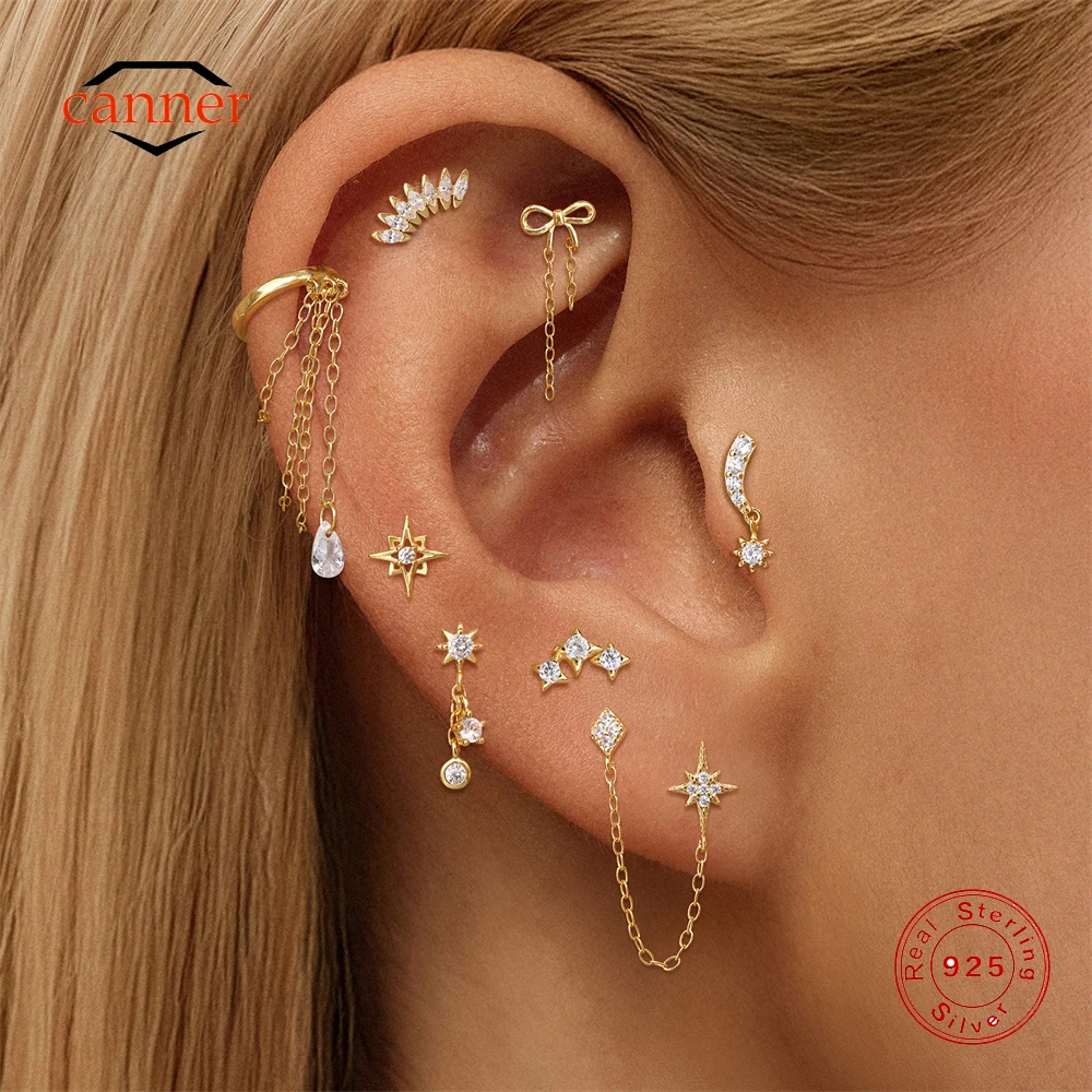 

CANNER 1PC 925 Sterling Silver Chain Tassel Geometric CZ Flat Head Piercing Ear Bone Nail For Women Ins Star Moon Stud Earring