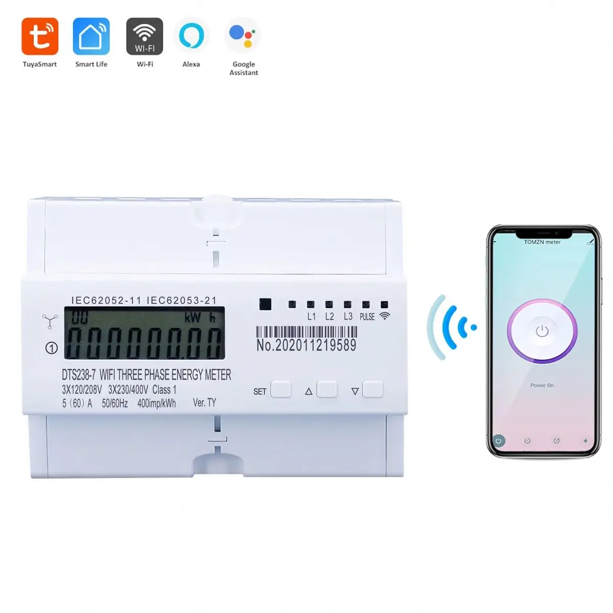 380V 5(60)A 3 phase 4 wires smart wifi energy meter for din rail mounting TUYA App