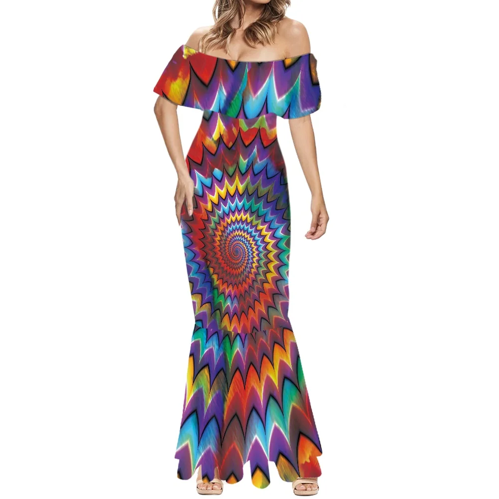 HYCOOL Custom Logo Print Polynesian Tribal Women Wear Lady Elegant Wedding Gowns  Samoan Tie Dye Dresses For Women