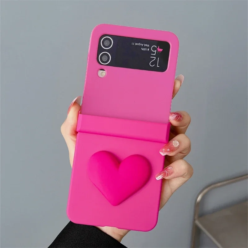 Fashion Candy Color 3D Love Heart Solid Color Case for Samsung Galaxy Z Flip5 4 3 ZFlip5 Zflip4 Zflip3 Portable Back Cover