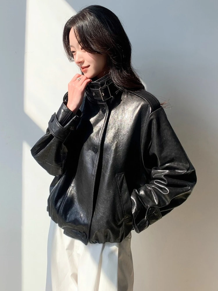 Vintage Short Genuine Leather Motorcycle Jacket Women Spring Autumn High-end Simple Stand Collar Soft Oil Wax Real Goatskin Coat