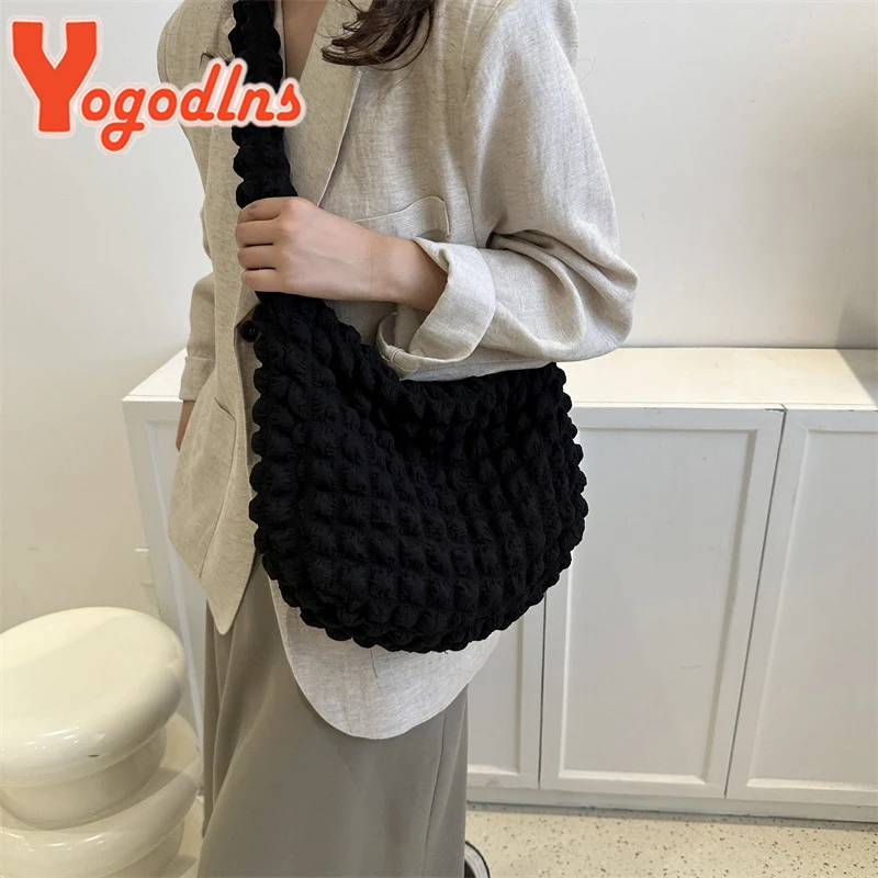 Yogodlns Elegant Shoulder Bag Women Pleated Puff Small Handbag Portable Shopping Totes Quilted Design Solid Color Underarm Bag