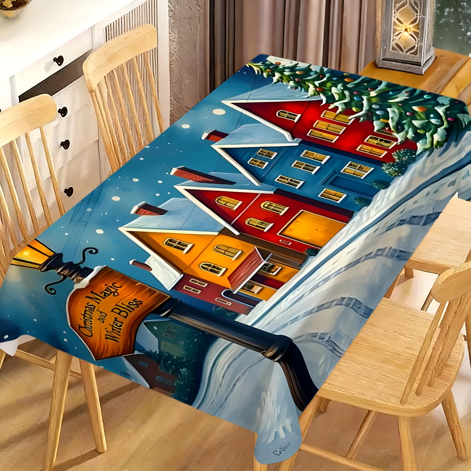 1pc 2D Flat Tablecloth, Snowy Christmas Town Colorful Houses Printed Rectangle Tablecloth, Decor for Dining Table, Wedding