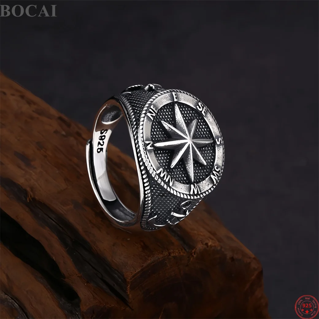 BOCAI S925 Sterling Silver Charms Rings for Men Antique Navigational Beacon Anchor Pattern  Adjustable Ring Fine Choice Jewelry